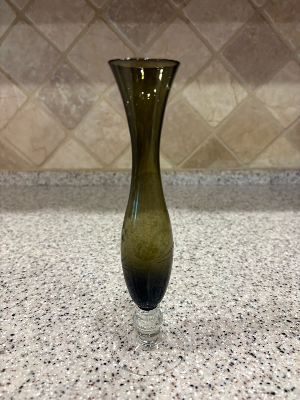 Vintage Olive Green Blown Glass Footed Vase Etched Flower